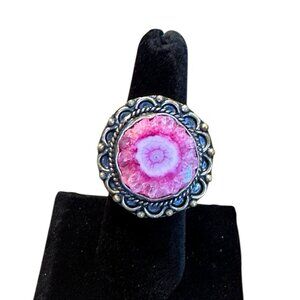 Pink Solar Quartz Druzy Boho Ring Vintage Style Brass Tone Statement Jewelry 7.5